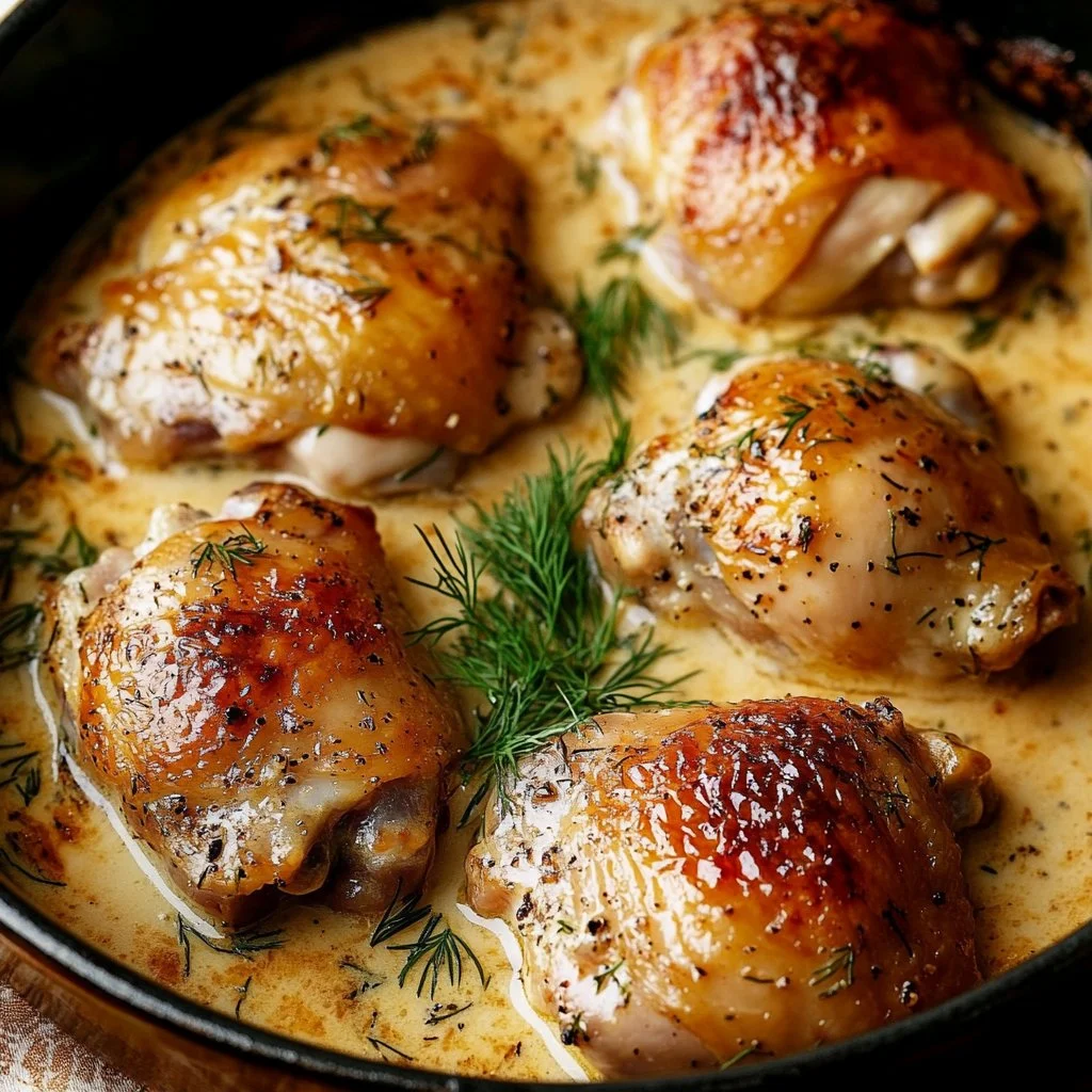 Creamy oven baked chicken thighs recipe with herbs and spices