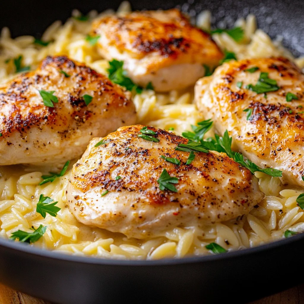 Creamy Parmesan chicken served with orzo on a plate