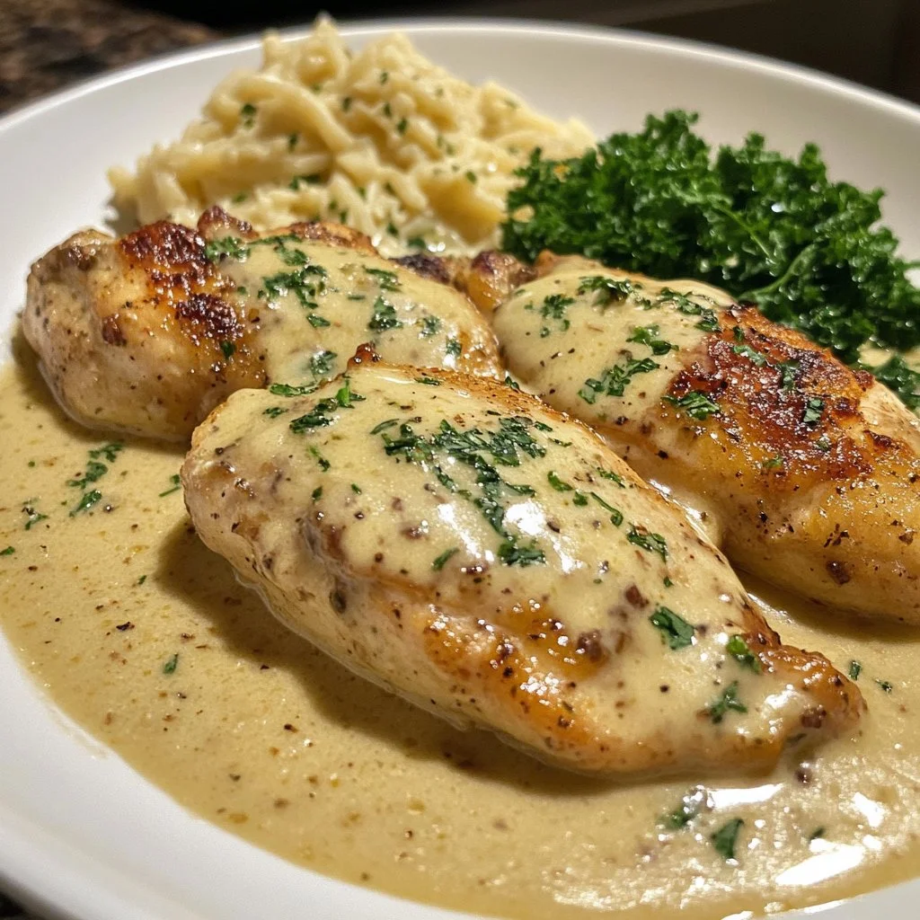 Plate of creamy smothered chicken served with a side of vegetables
