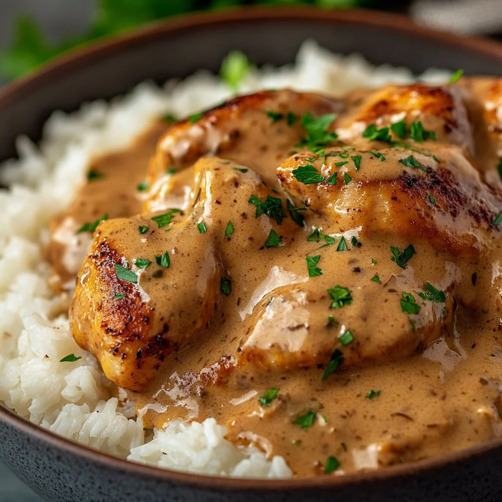 Creamy smothered chicken served on a bed of rice with gravy and vegetables