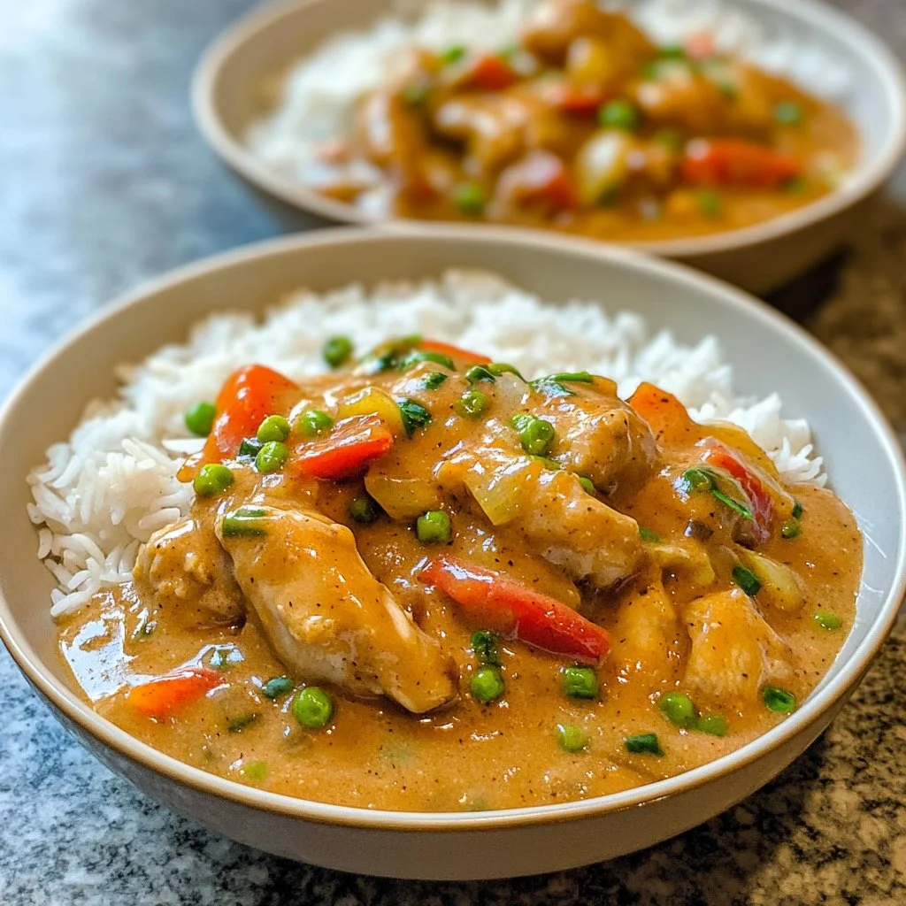 Creamy smothered chicken served over rice, garnished with herbs