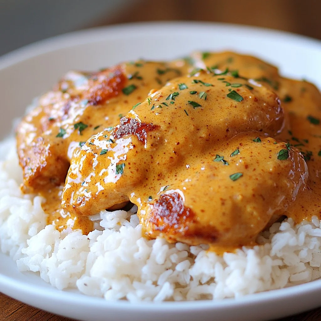 Creamy smothered chicken served over rice in a comforting dish
