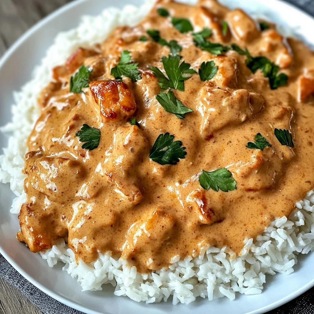 Creamy smothered chicken served on a plate with rice and vegetables