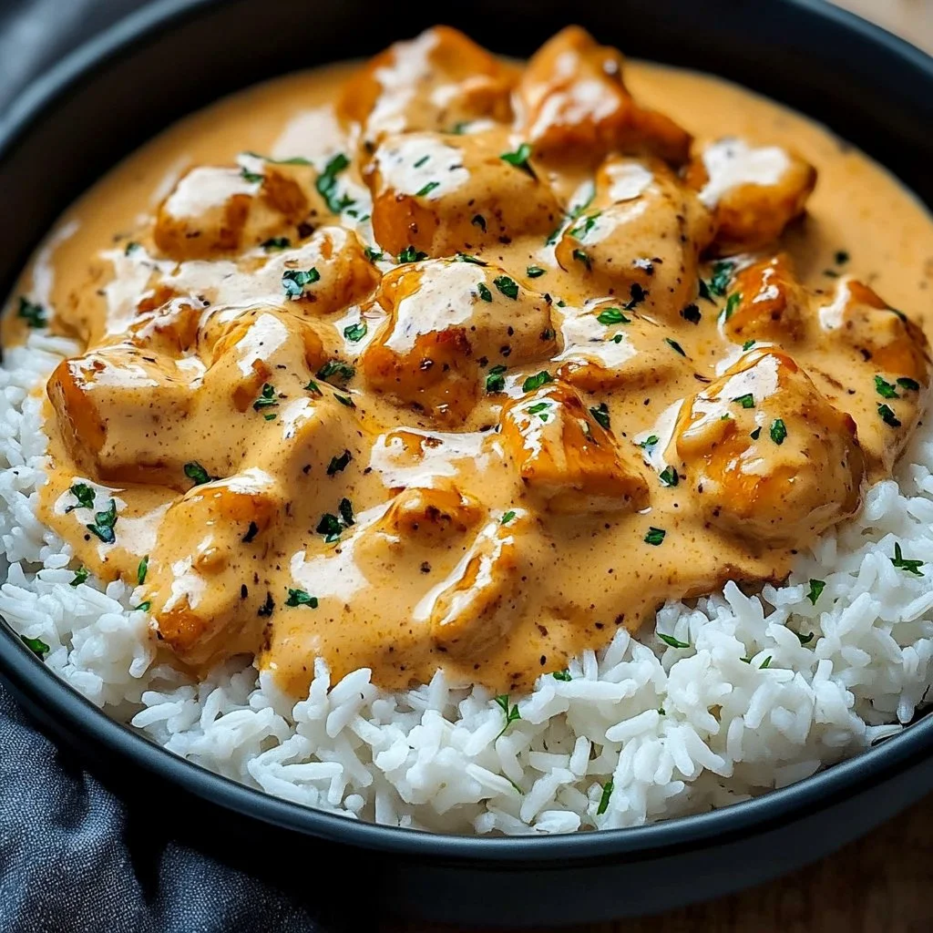 Creamy smothered chicken served with rice in a comforting dish