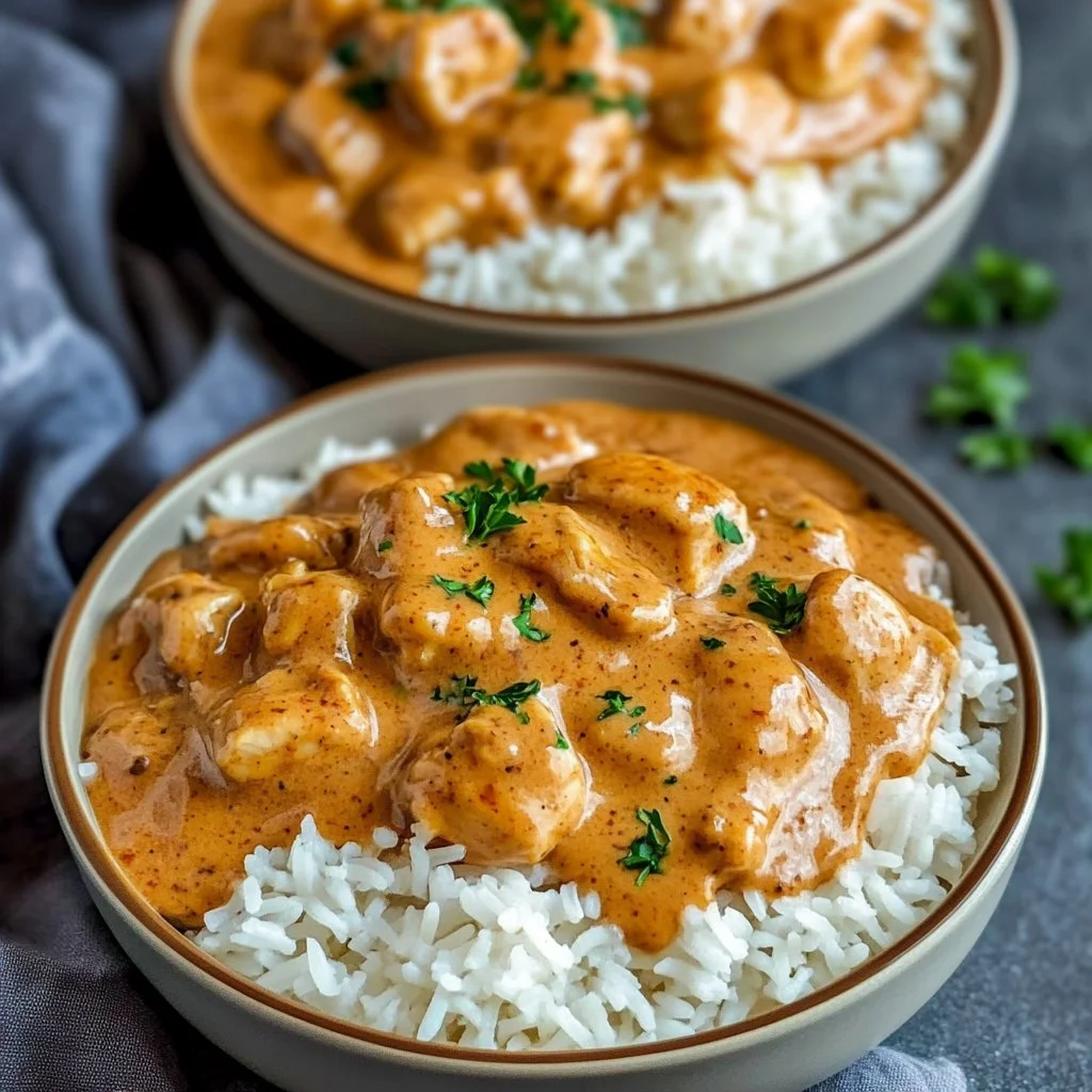 Creamy smothered chicken served over rice in a bowl