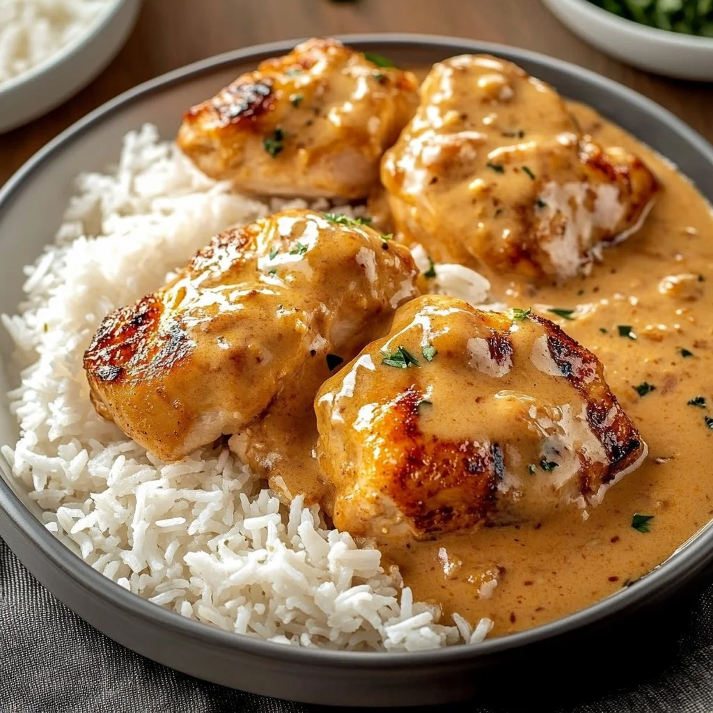 Creamy smothered chicken served with rice in a delicious creamy sauce.