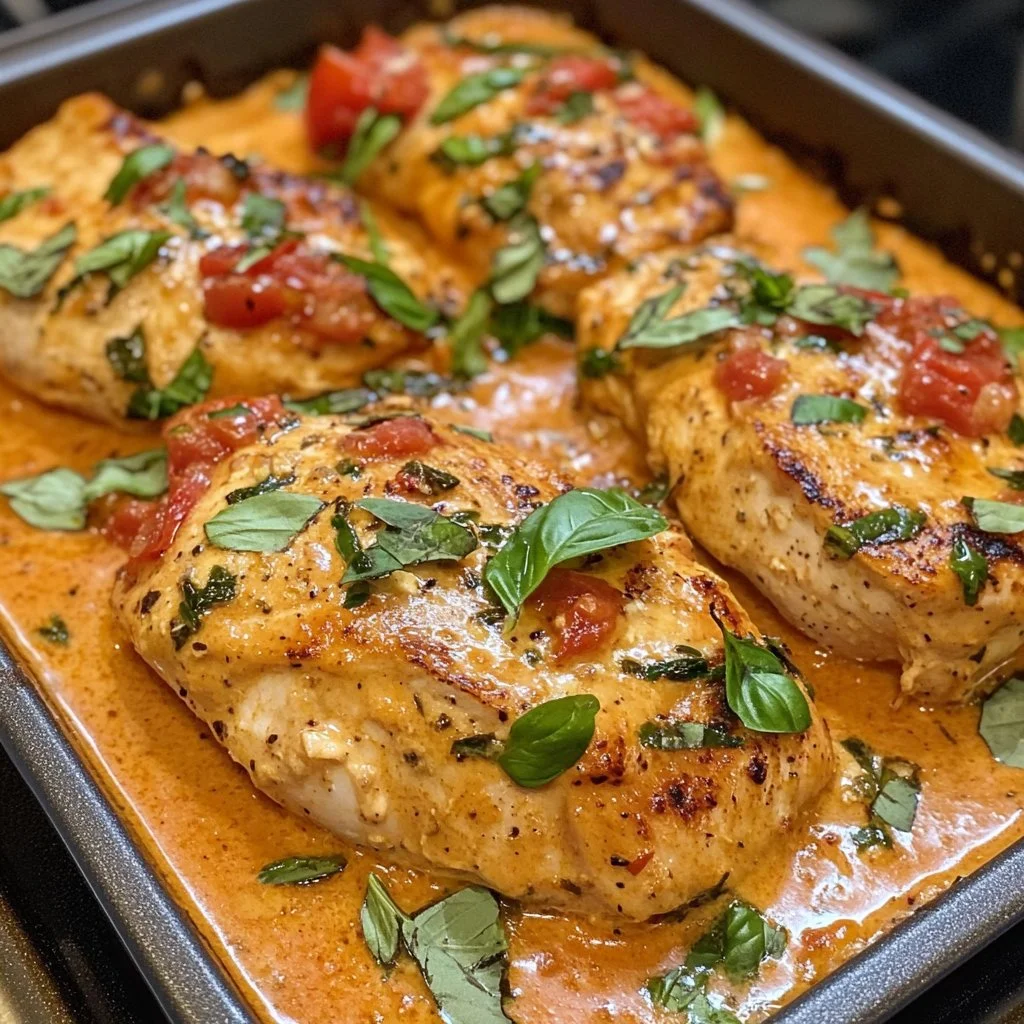 Creamy Tomato Basil Chicken breasts served with fresh herbs on a plate