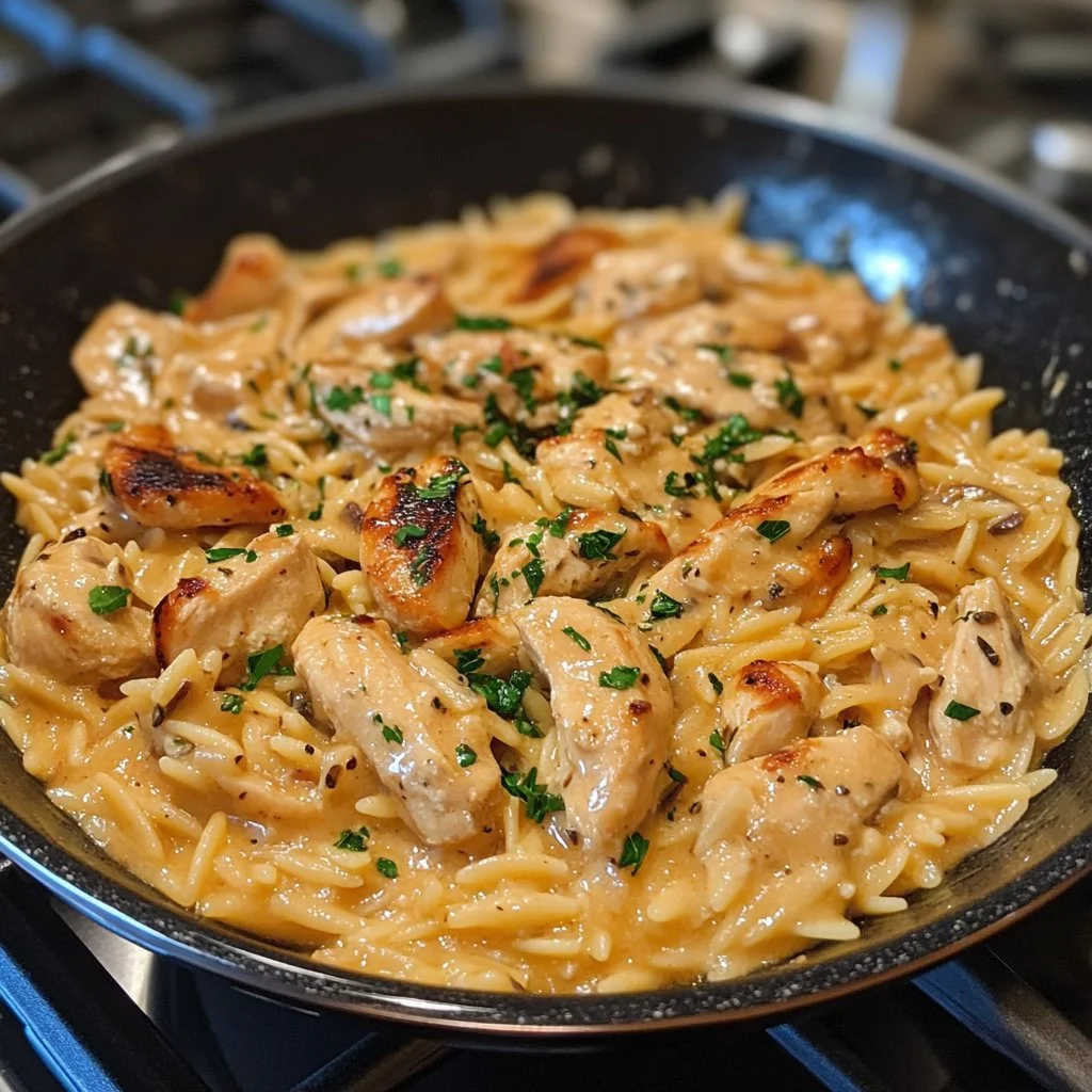Creamy Tuscan Chicken Orzo served in a bowl with fresh herbs and vegetables.