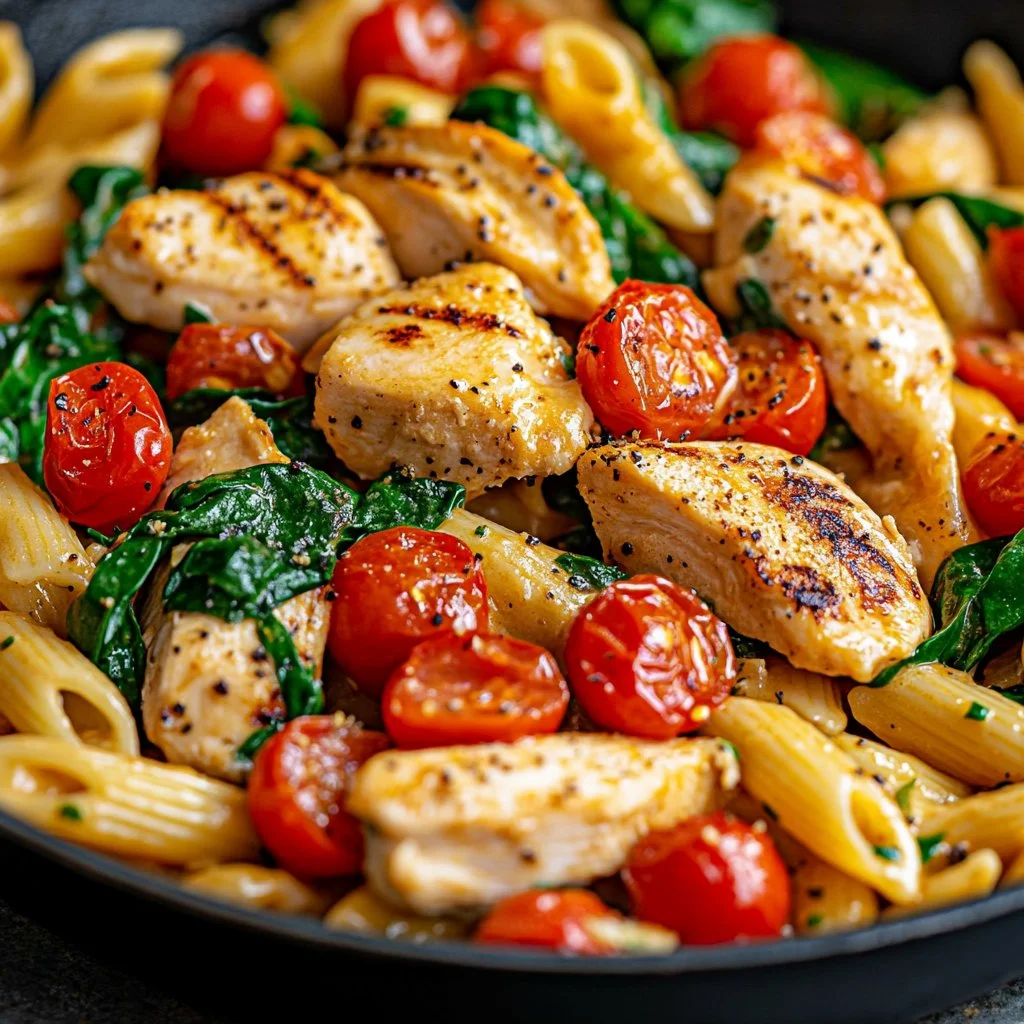 Delicious creamy Tuscan chicken pasta garnished with fresh herbs and vegetables.