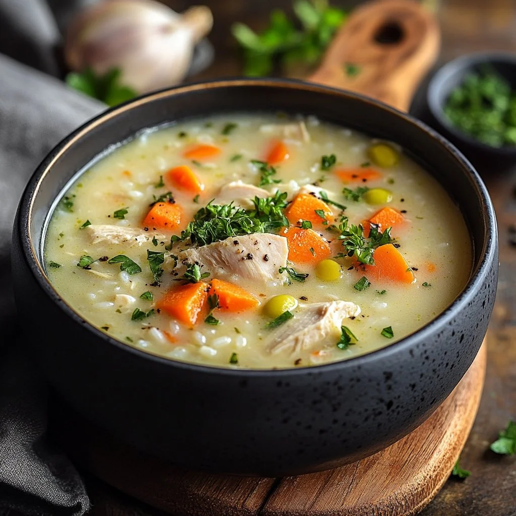 Bowl of creamy white chicken and rice soup, garnish with herbs and spices