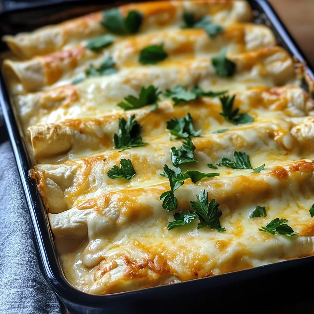 Creamy white chicken enchiladas topped with sauce and cheese