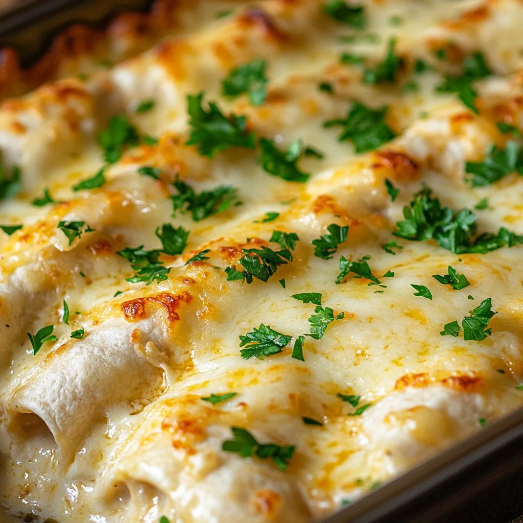 Creamy white chicken enchiladas topped with sauce and cheese