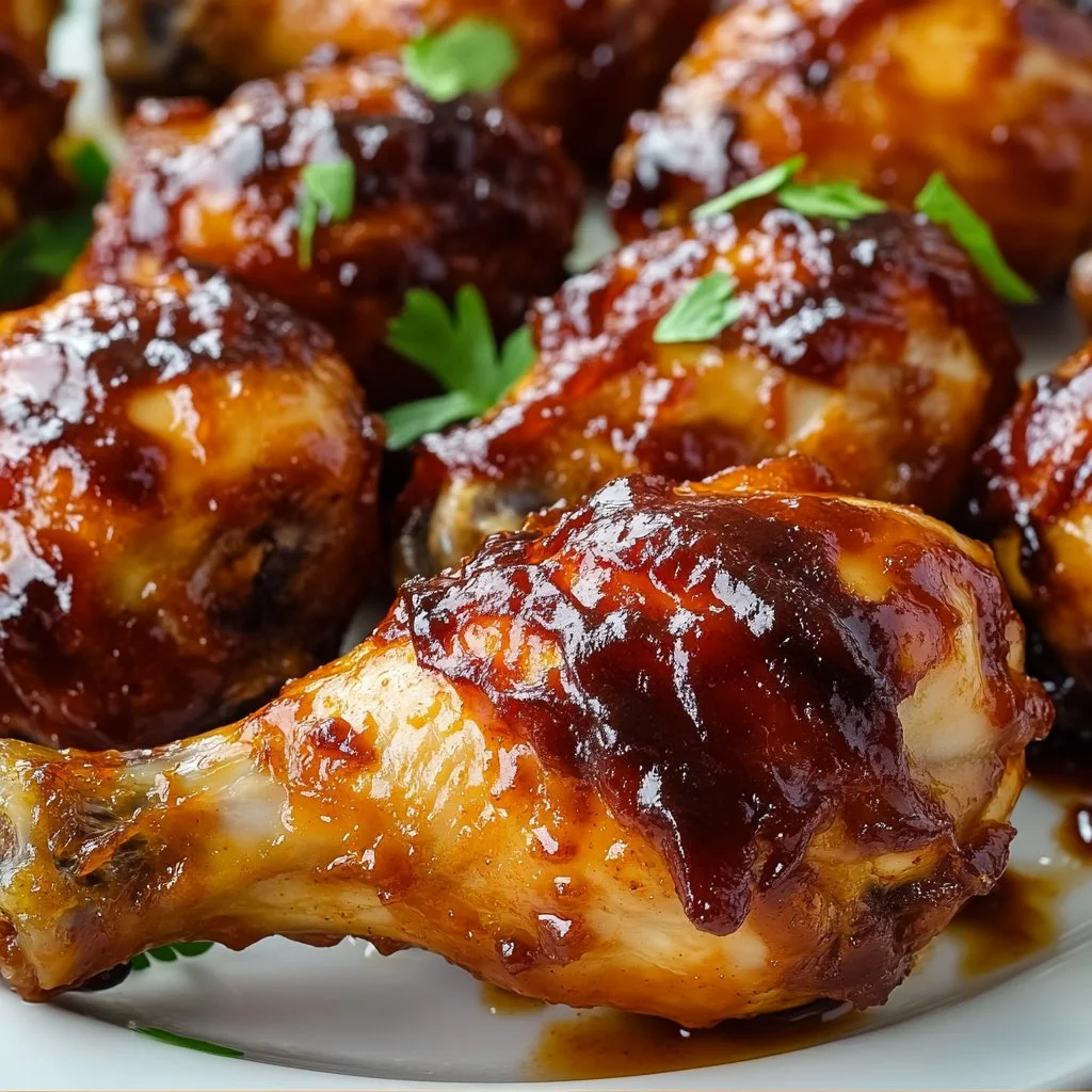 Crispy baked BBQ chicken drumsticks ready to serve on a platter