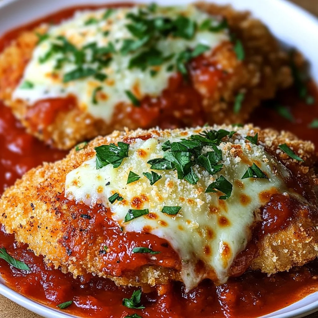 Crispy baked chicken parmesan garnished with fresh herbs and served with pasta