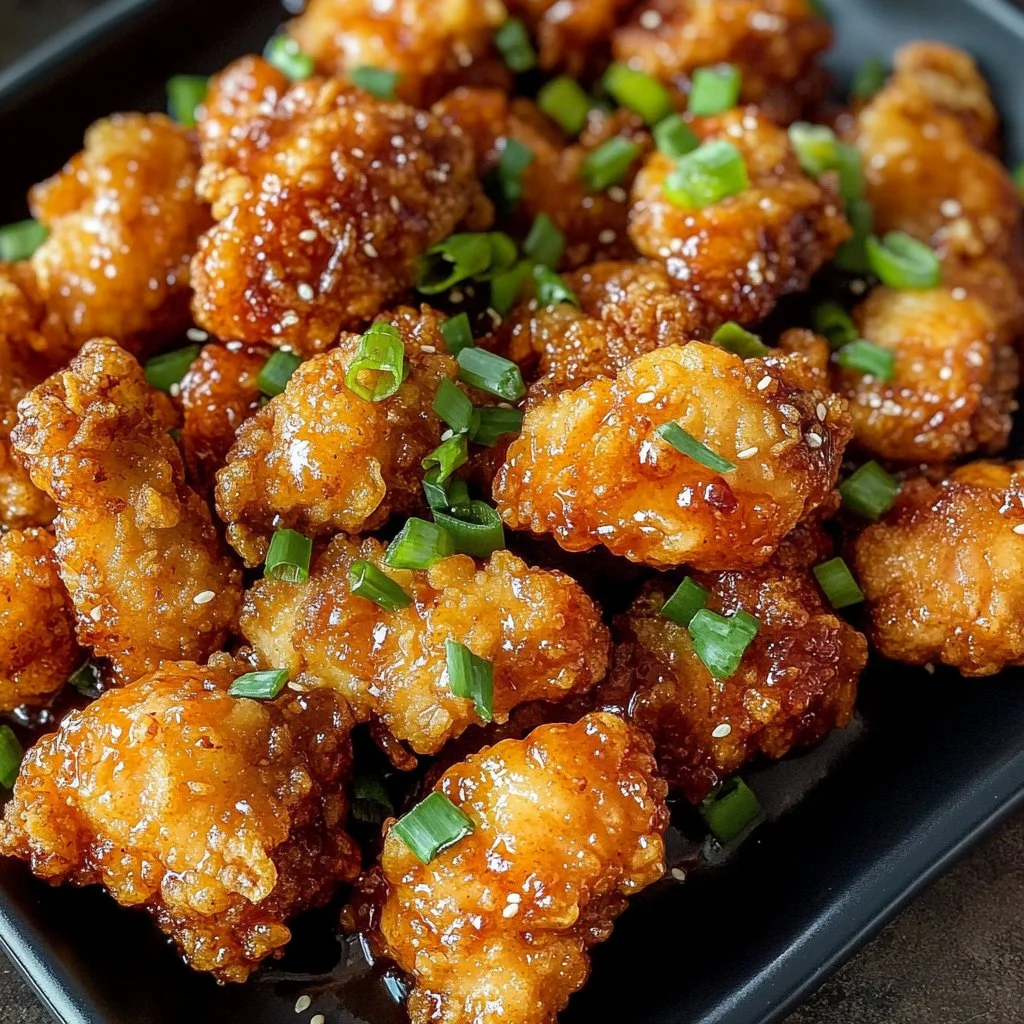 Plate of crispy Bang Bang Chicken garnished with herbs