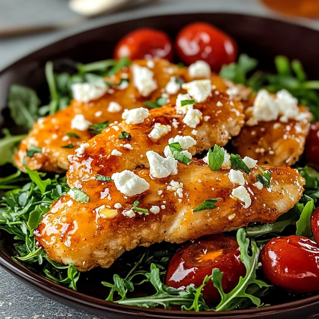 Crispy hot honey feta chicken plated with herbs and sauce garnish
