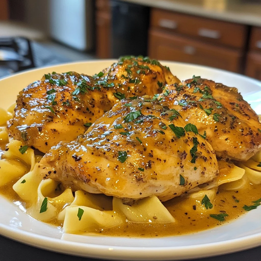 Crockpot Angel Chicken served on a plate with herbs and garnishes