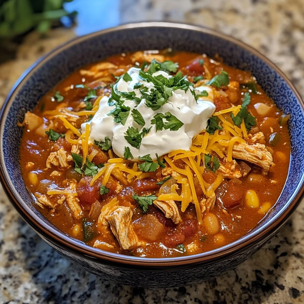 Crockpot Buffalo Chicken Chili in a bowl garnished with green onions and cheese