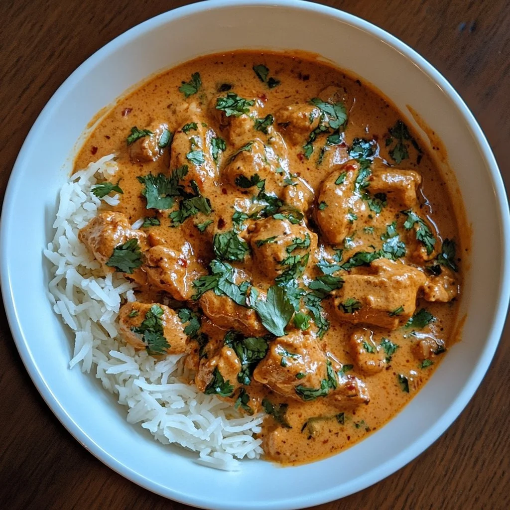 Delicious Crockpot Butter Chicken served with rice and cilantro garnish