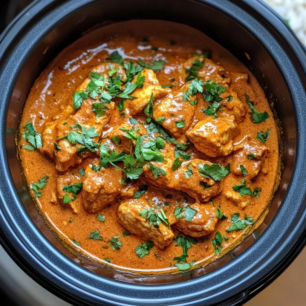 Delicious Crockpot Butter Chicken simmering with spices in a slow cooker