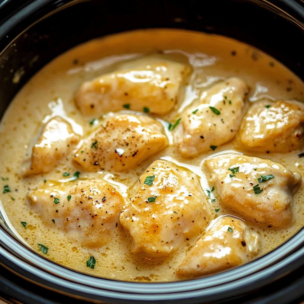 Crockpot Creamy Garlic Parmesan Chicken garnished with parsley