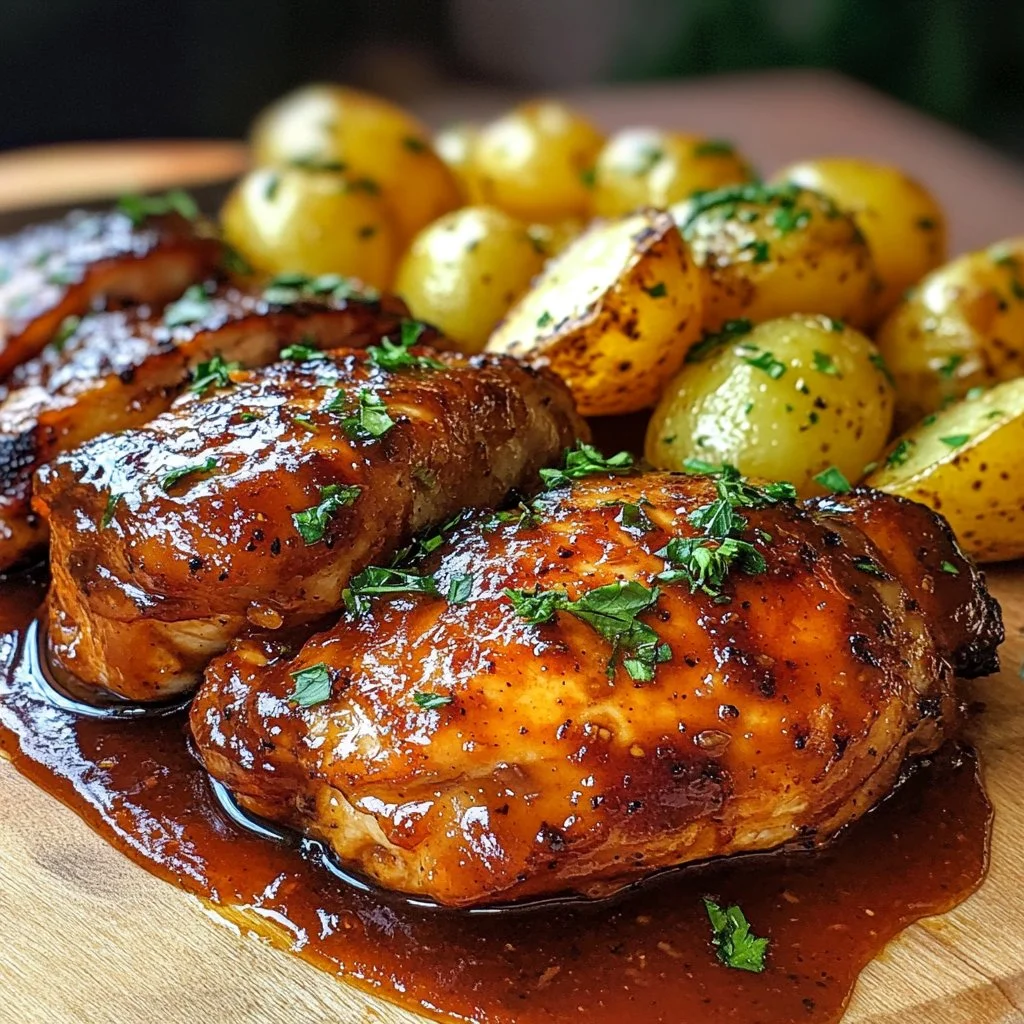 Delicious crunchy honey BBQ chicken served with creamy garlic parmesan potatoes