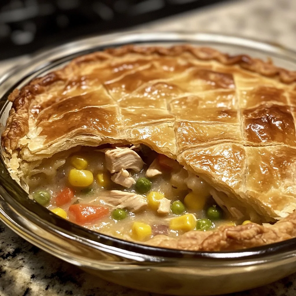 Crustless chicken pot pie with chicken and vegetables in a bowl.