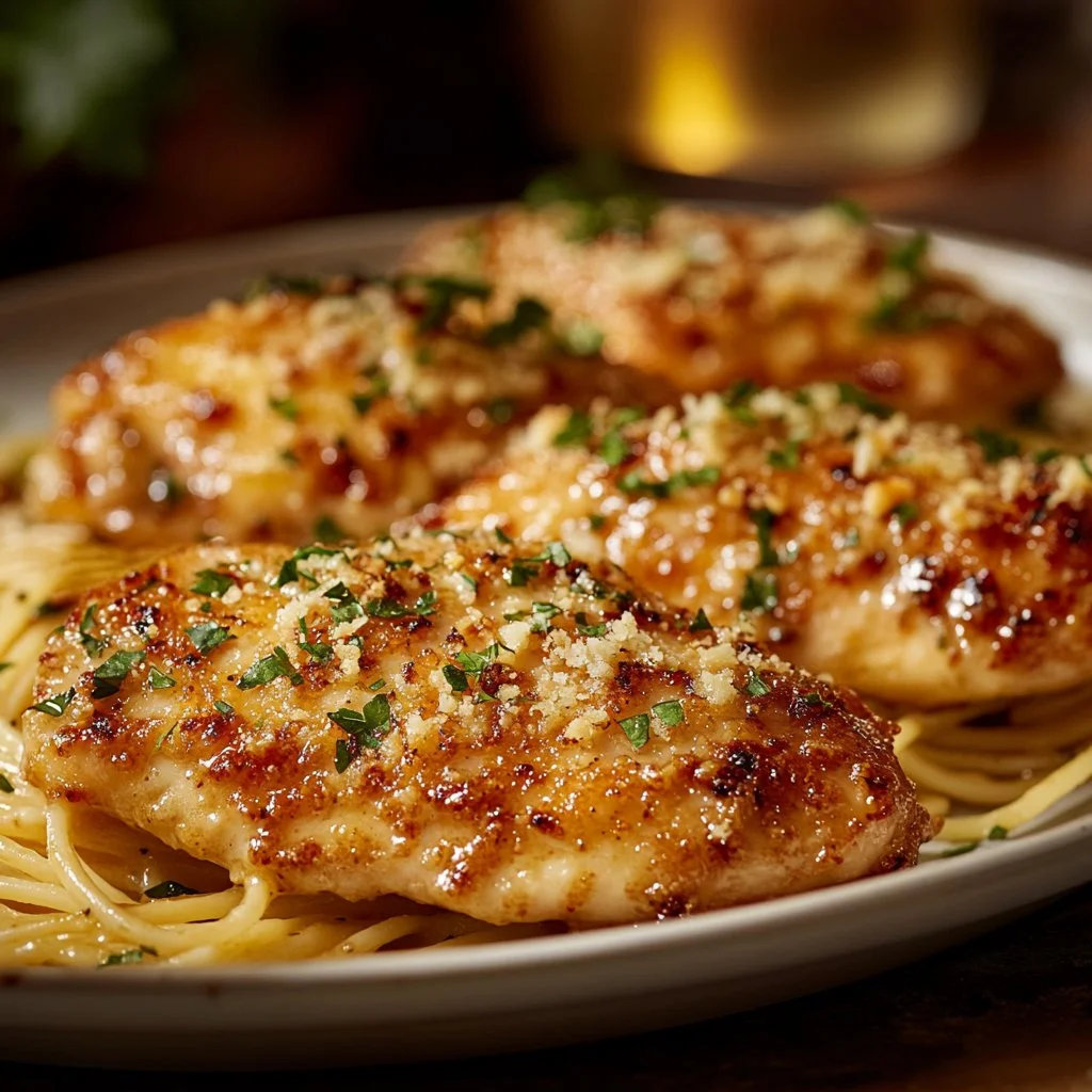 Juicy Parmesan Chicken coated in crispy breadcrumbs, served with herbs.