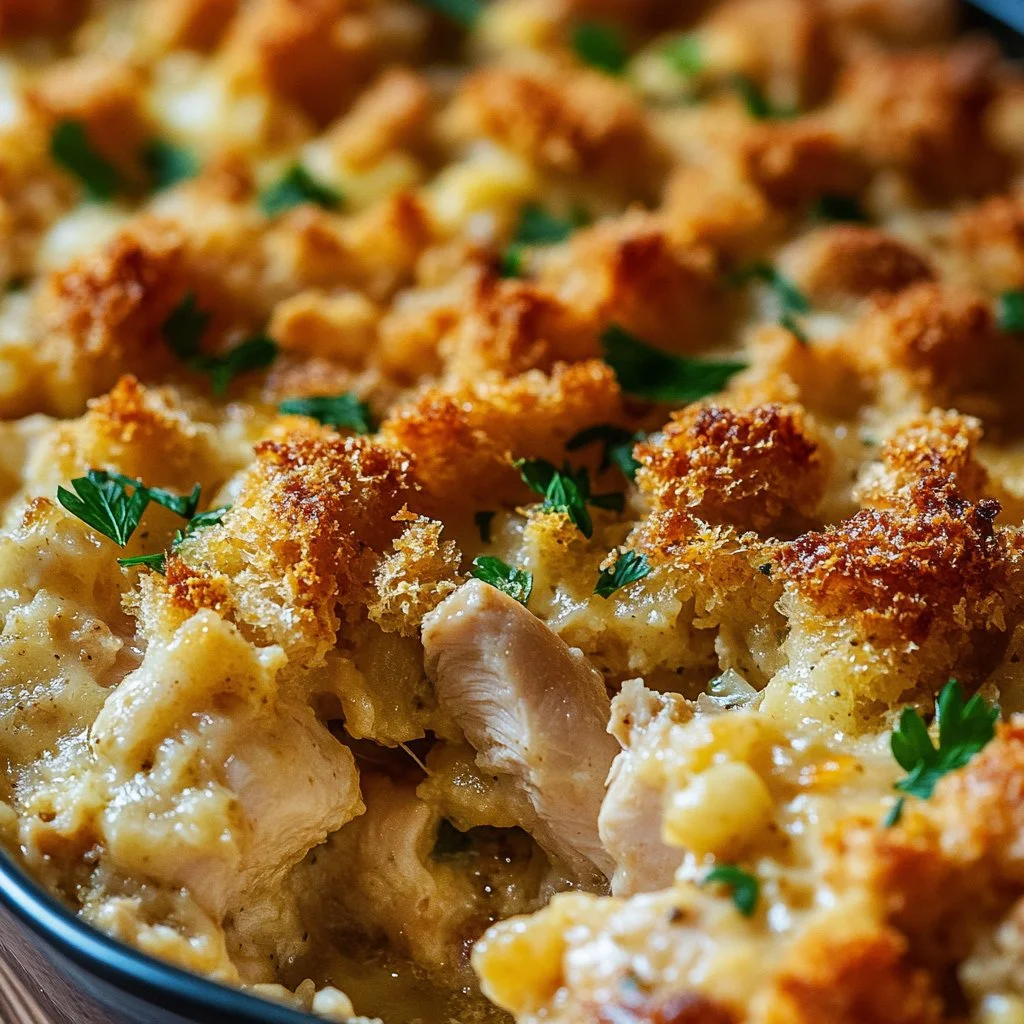 Dolly’s Chicken and Stuffing Casserole with golden topping and perfect texture