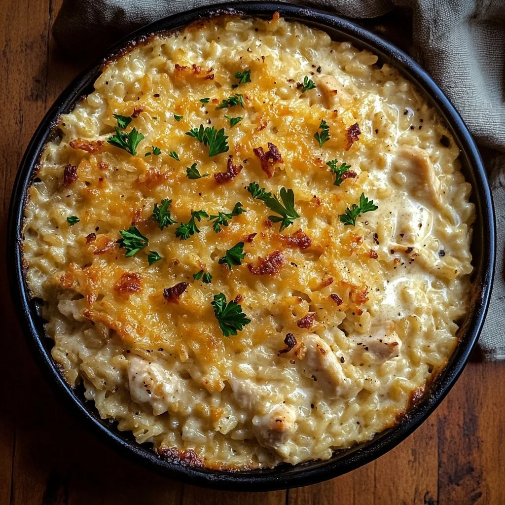 Dump-and-bake chicken alfredo rice casserole with creamy sauce and chicken.
