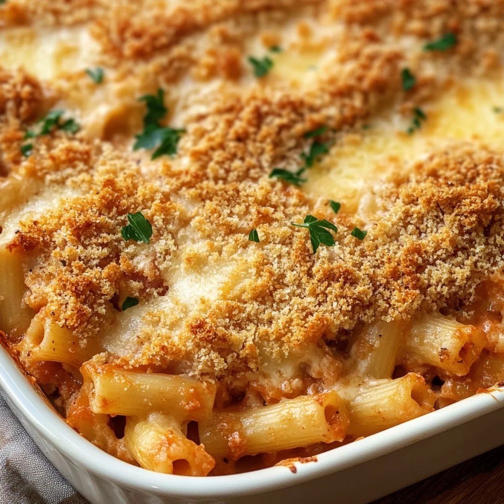 Dump-and-Bake Chicken Parmesan Casserole with melted cheese and pasta
