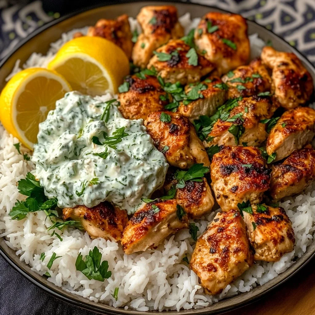 Dump and bake chicken tzatziki rice dish ready to serve