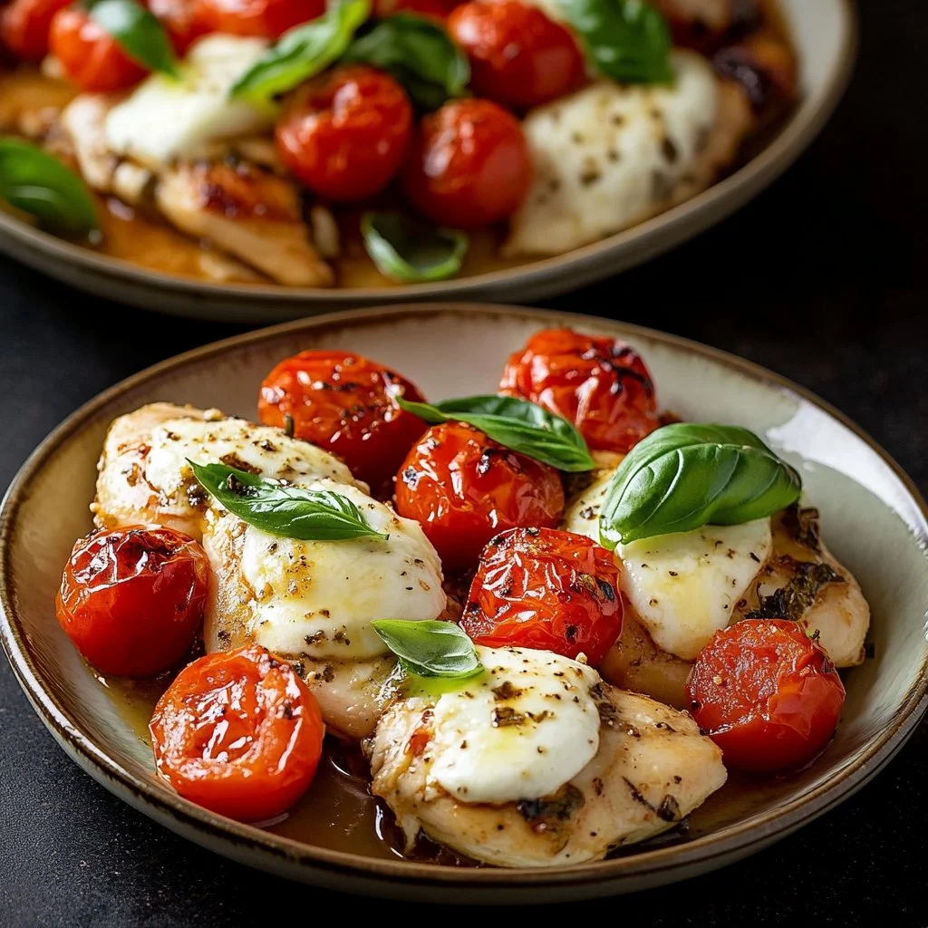 Delicious baked caprese chicken topped with mozzarella and fresh basil