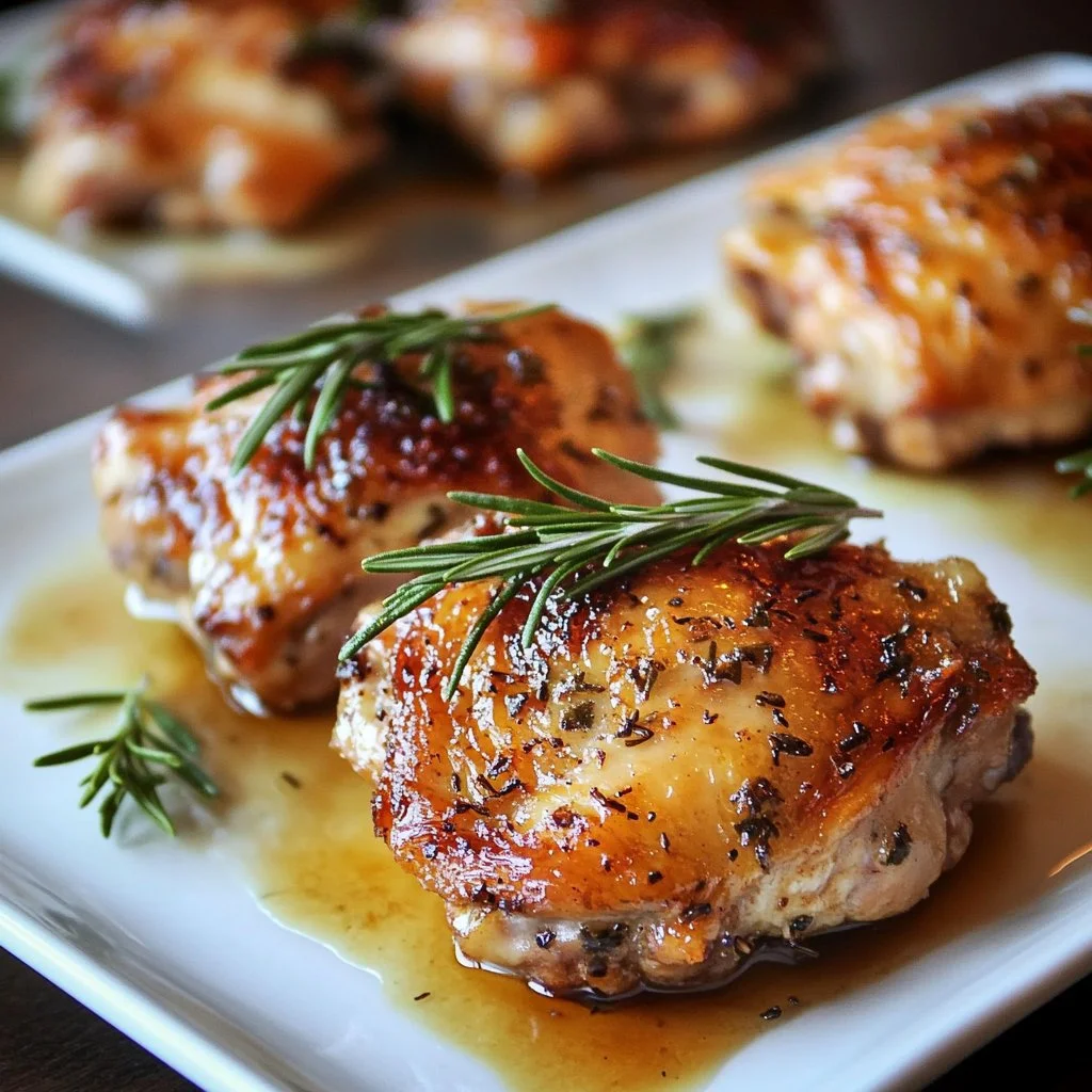 Easy baked chicken thighs served on a plate with herbs and spices