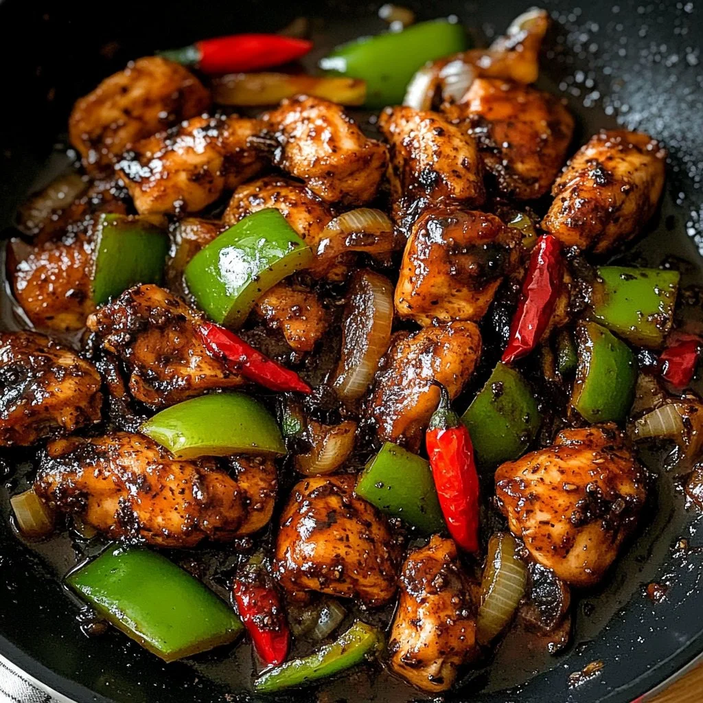 Plate of easy black pepper chicken garnished with vegetables