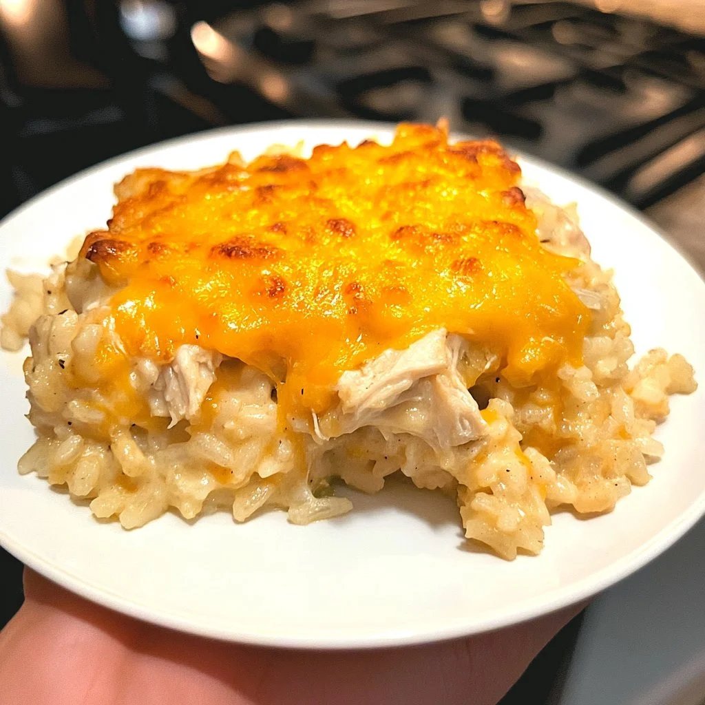 Delicious easy chicken and rice casserole in a baking dish ready to serve.
