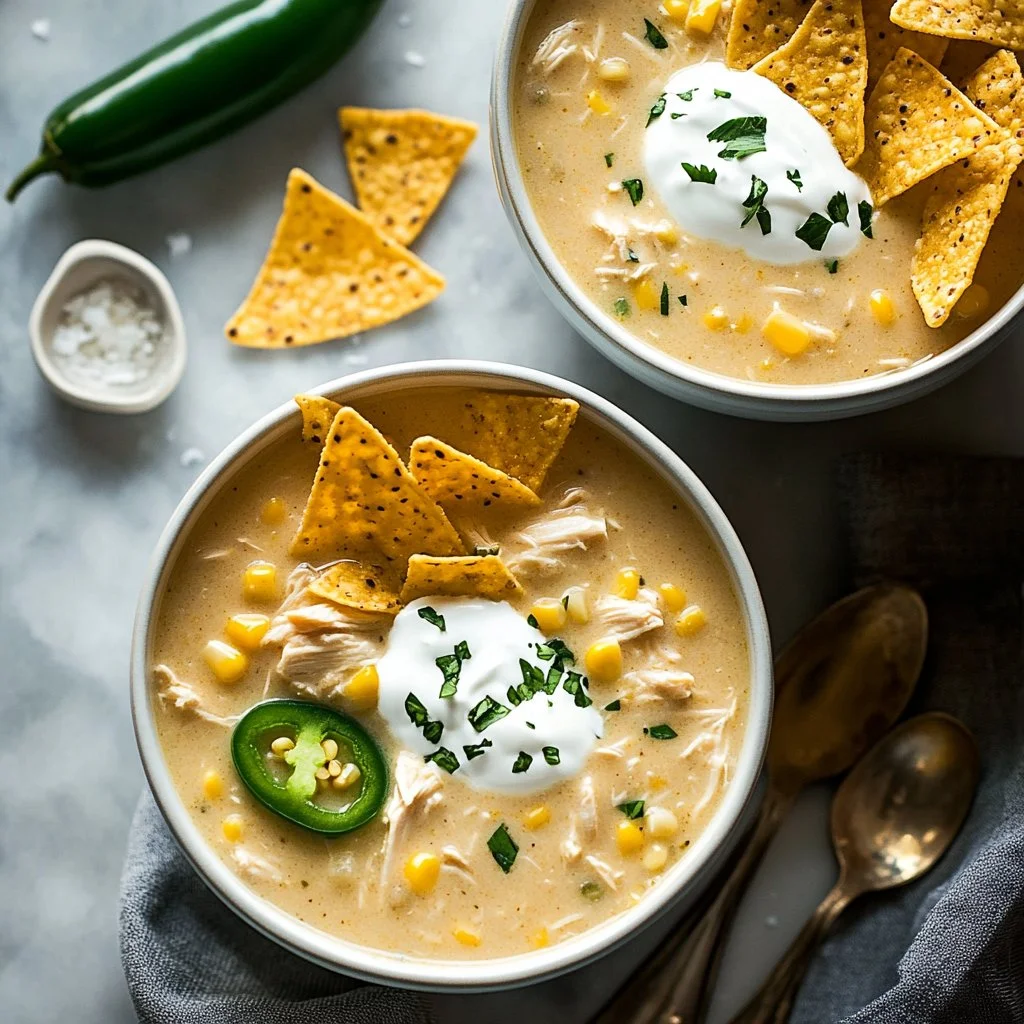 Bowl of easy Crockpot white chicken chili soup topped with cilantro and lime