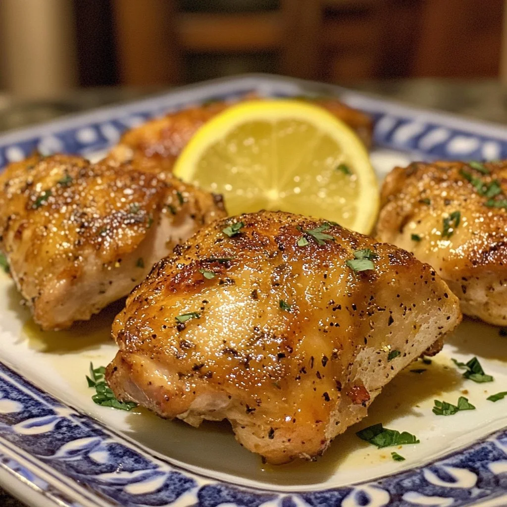 Delicious easy Greek lemon chicken thighs garnished with fresh herbs and lemon slices.