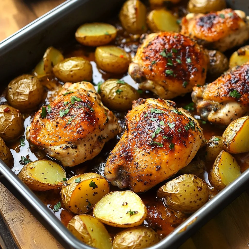 One pan chicken and potatoes dish served with fresh herbs