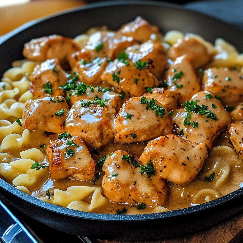 Delicious one-pan chicken served with buttered noodles in a skillet