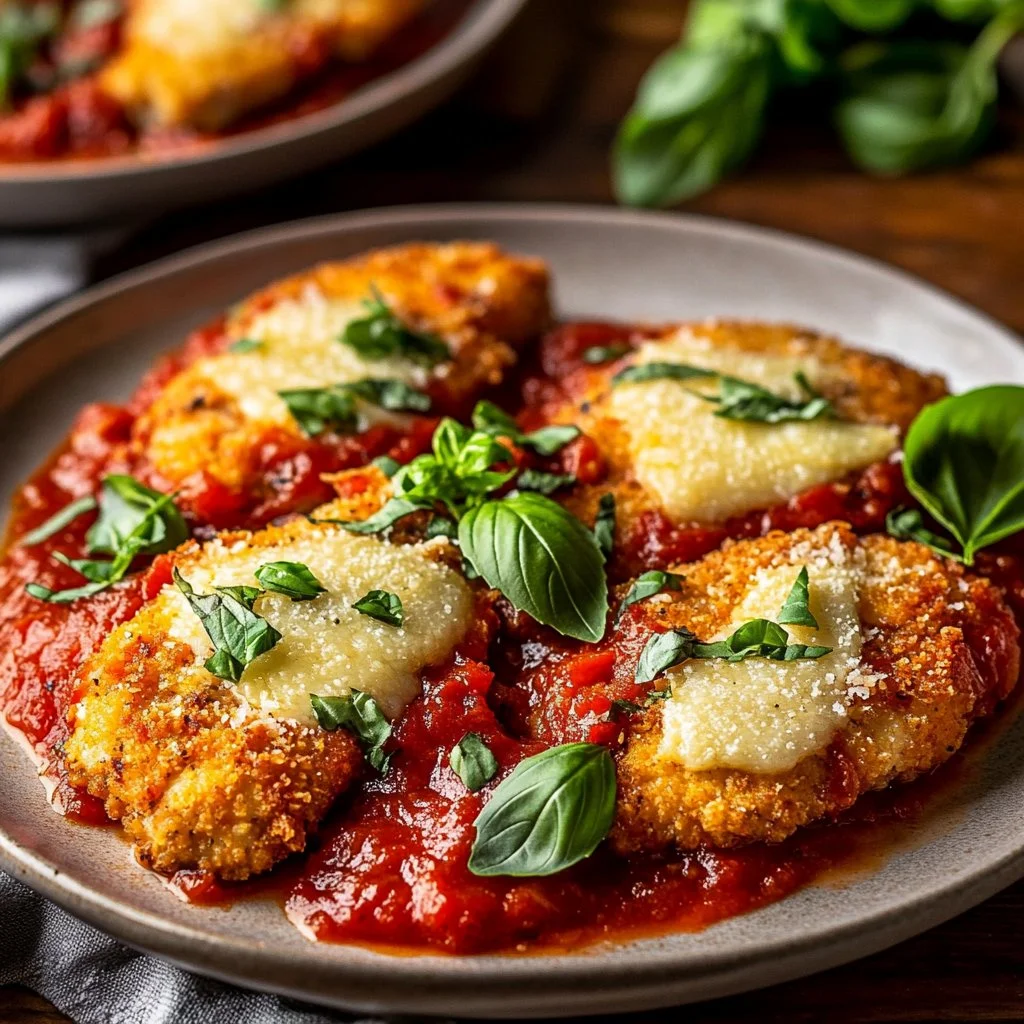 Delicious easy oven chicken parmesan served with pasta and garnished with basil.