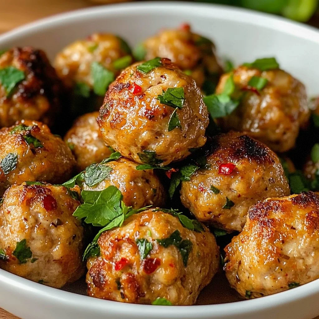 Easy Thai baked chicken meatballs served on a plate with herbs and spices.
