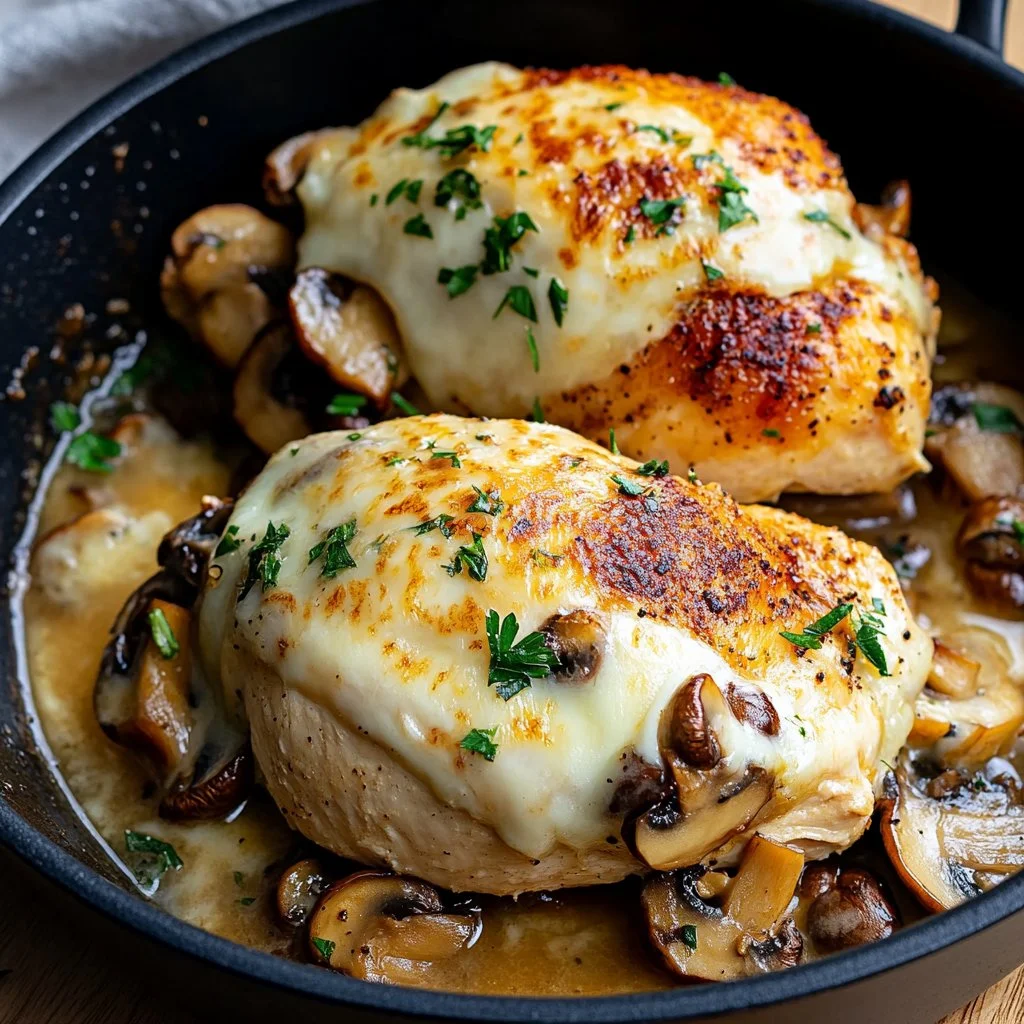 Mushroom stuffed chicken breast garnished with herbs on a plate