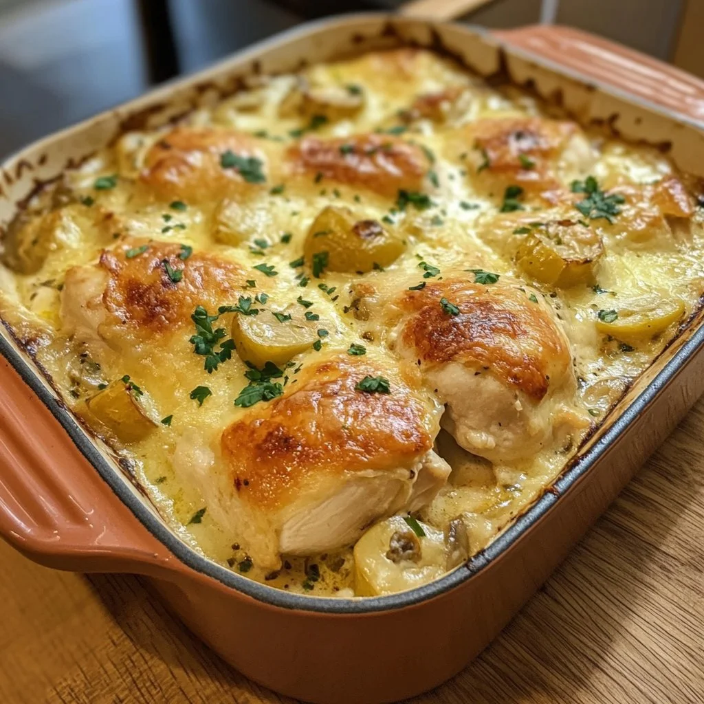 Delicious French Chicken Casserole in Normandy style served in a rustic dish.
