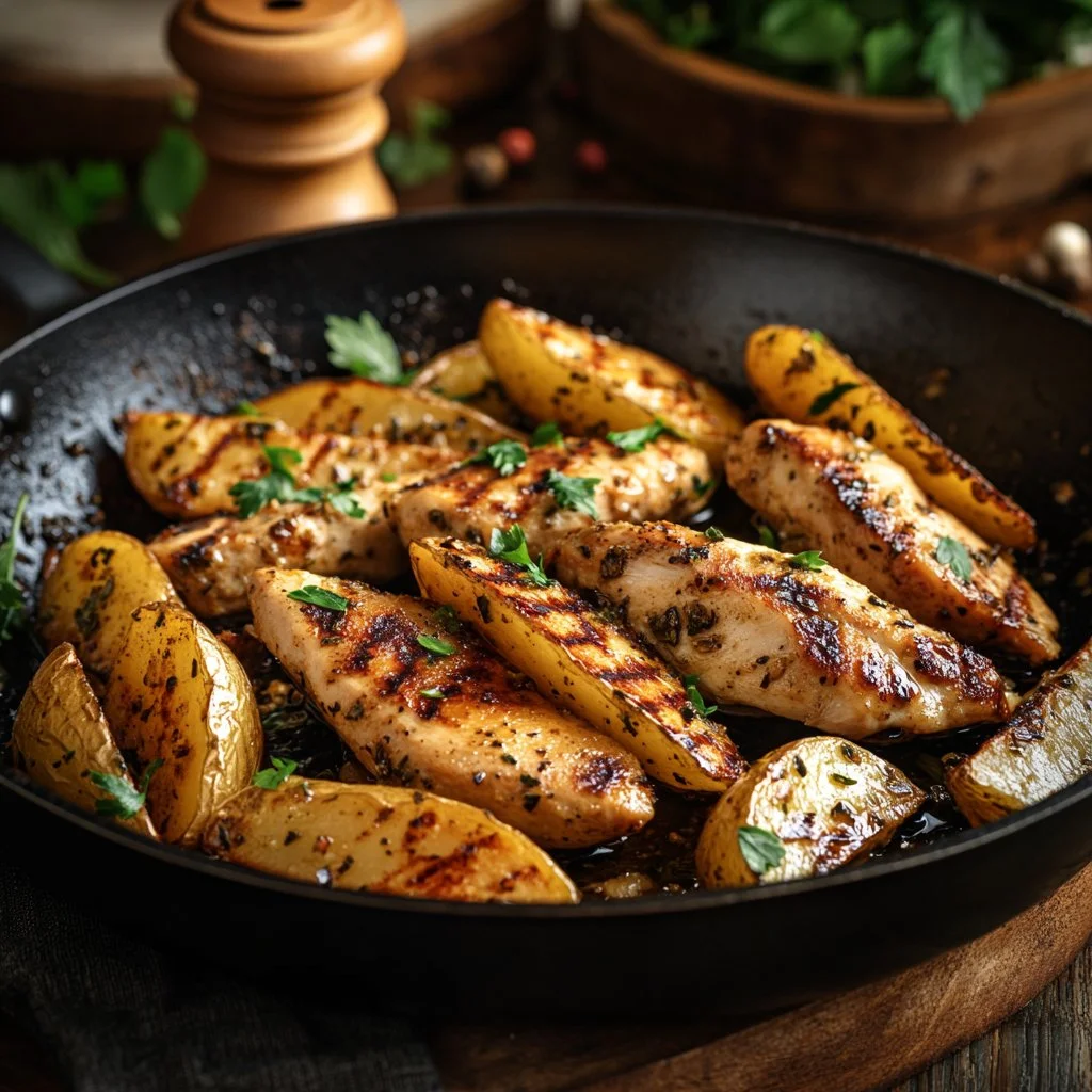 Garlic Butter Chicken and Potatoes Skillet served in a cast iron pan