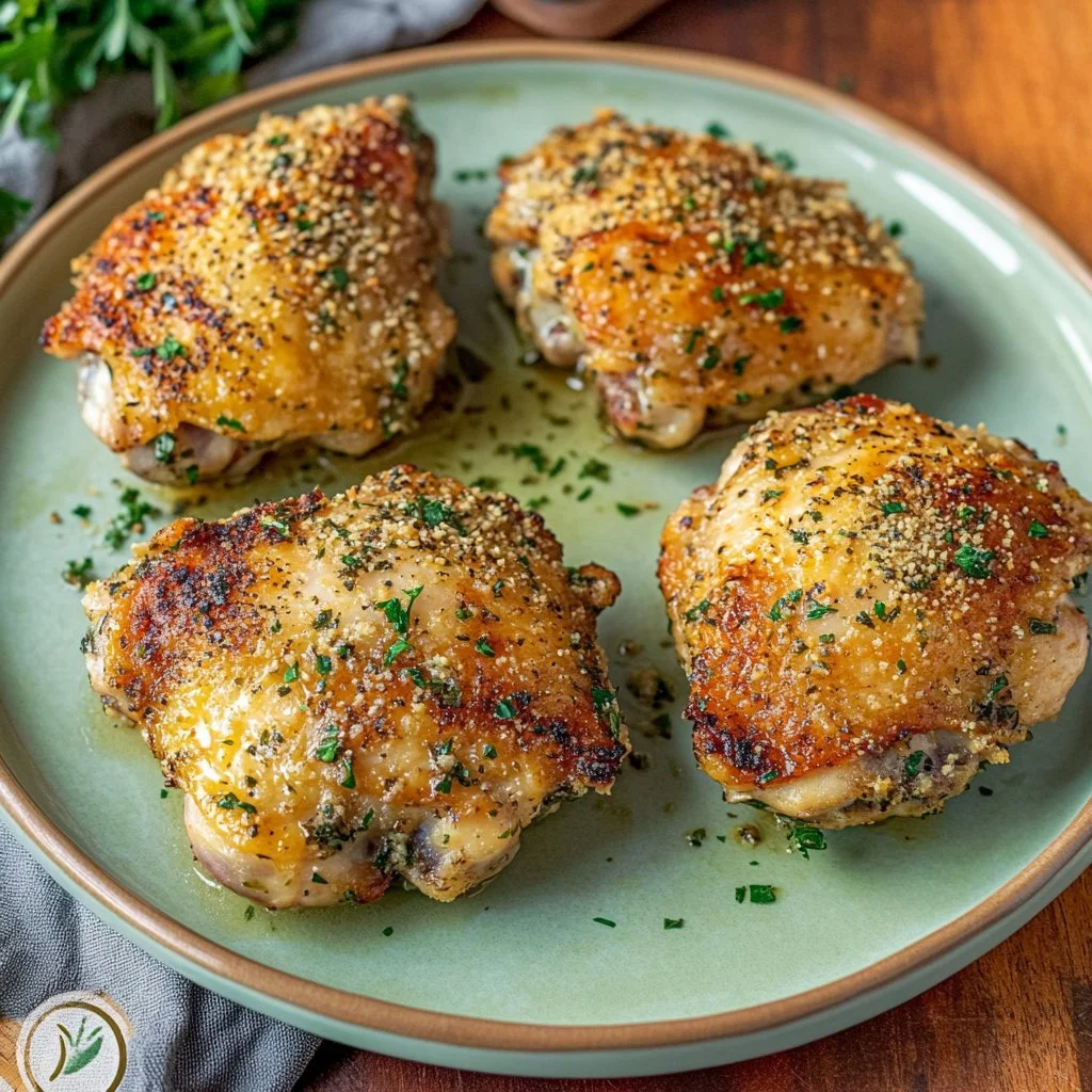 Garlic Parmesan Chicken Thighs garnished with herbs on a plate