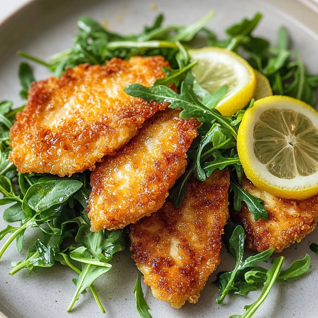 Crispy Giada Chicken Milanese served with lemon and salad