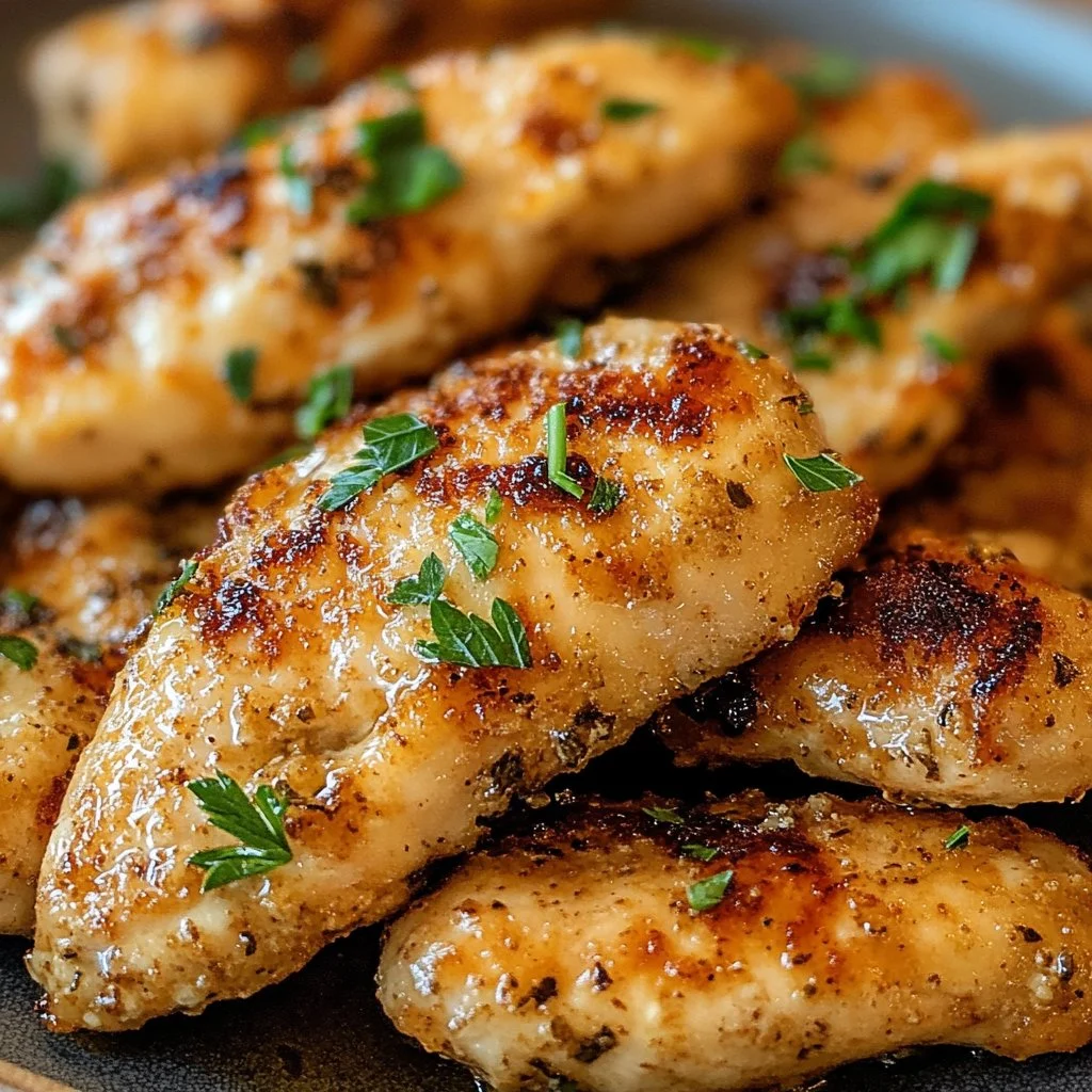 Delicious Greek Chicken Tenders garnished with herbs and served with tzatziki sauce.