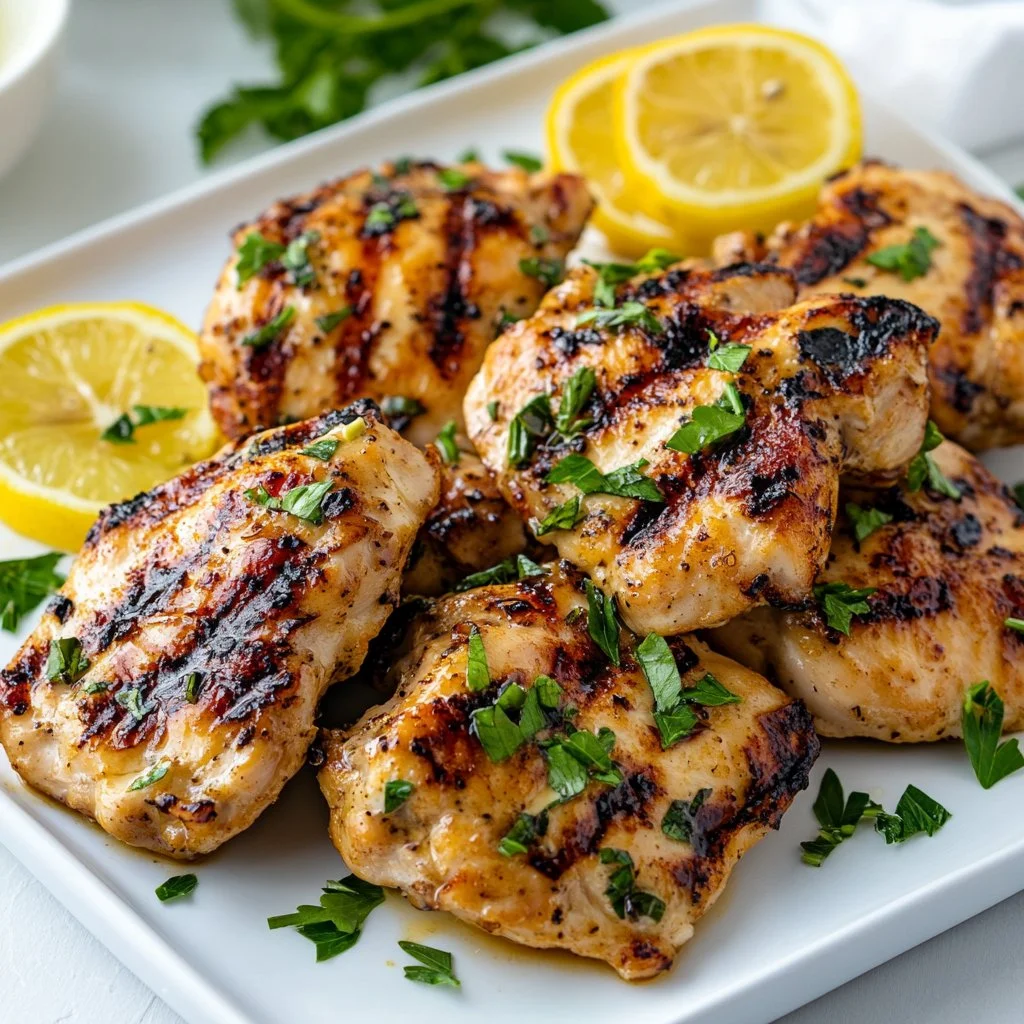 Delicious Greek Lemon Chicken garnished with lemon and herbs