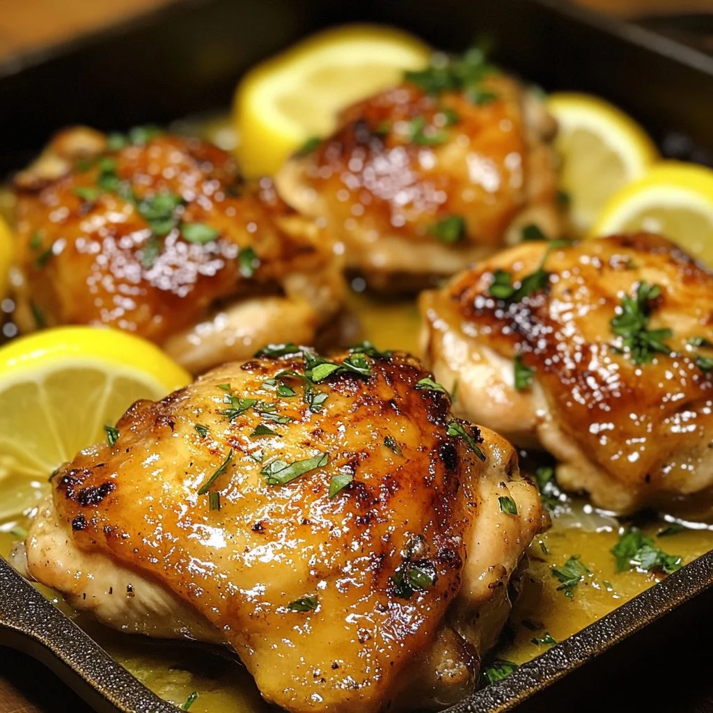 Plate of Greek Lemon Chicken garnished with herbs